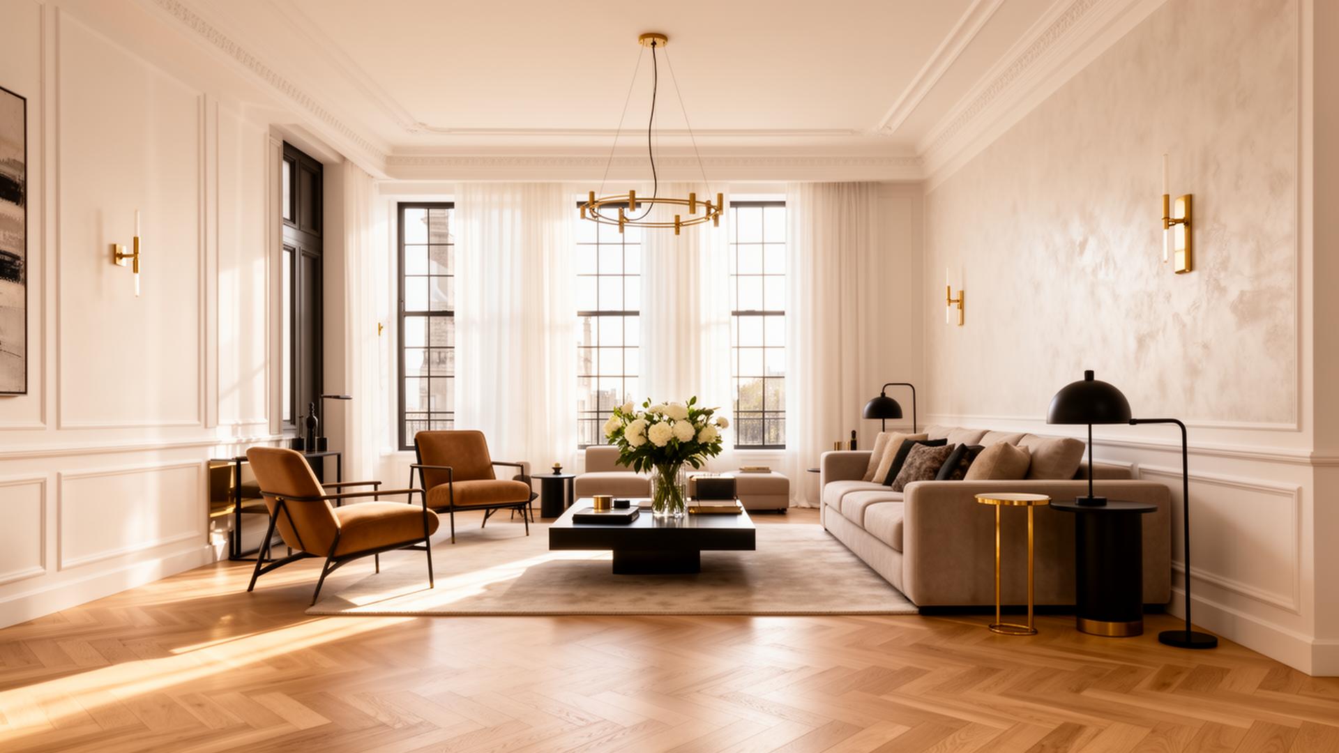 Intérieur rénové haut de gamme avec parquet et lumière naturelle